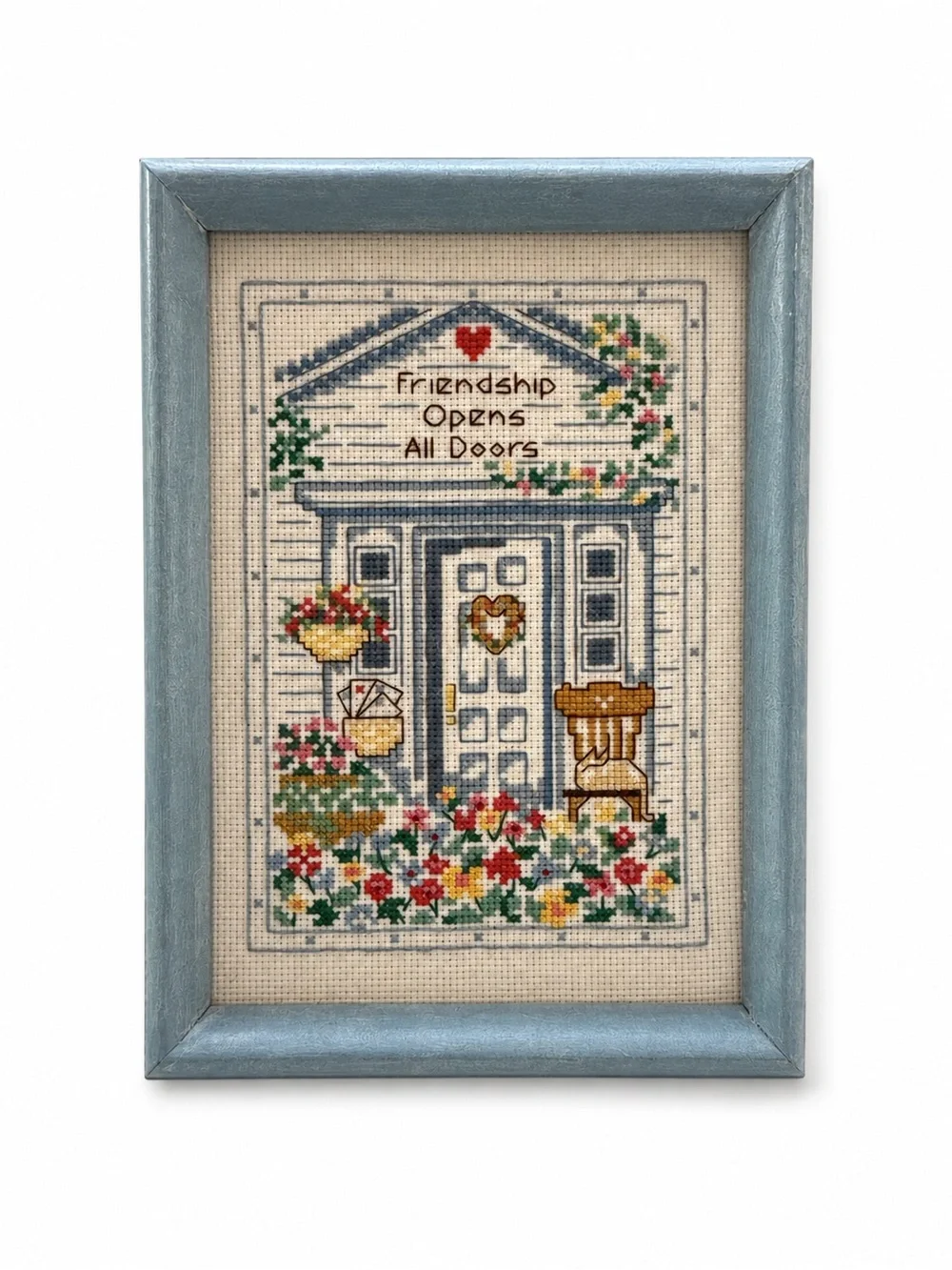 Vintage Framed Cross Stitch “Friendship Opens All Doors” Cottage Wall Art